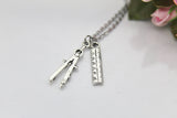 Architect Necklace, Compass Pencil Necklace, Ruler Necklace, Architect Gift, Compass Pencil Charm, Ruler Charm, Engineer Gift, E01