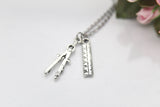 Architect Necklace, Compass Pencil Necklace, Ruler Necklace, Architect Gift, Compass Pencil Charm, Ruler Charm, Engineer Gift, E01