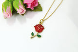 Gold Red Rose Charm Necklace Red Rose Jewelry, Flower Charm, Personalized Gift, Christmas Gift, N608A