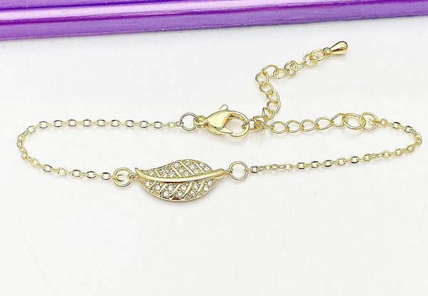Leaf Bracelet, Mom Daughter Bracelet Gift, Beautiful Gold Leaf Cubic Zirconia Jewelry Gift, N4854