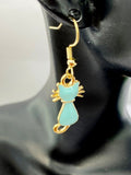 Best Seller Christmas Gifts for Cat Lover, Gold Blue Cat Charm Earrings, N397A