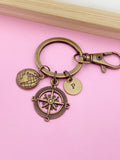 Silver or Bronze Compass Globe World Charm Keychain Gift Idea Personalized Customized Monogram Made to Order Jewelry, BN1123