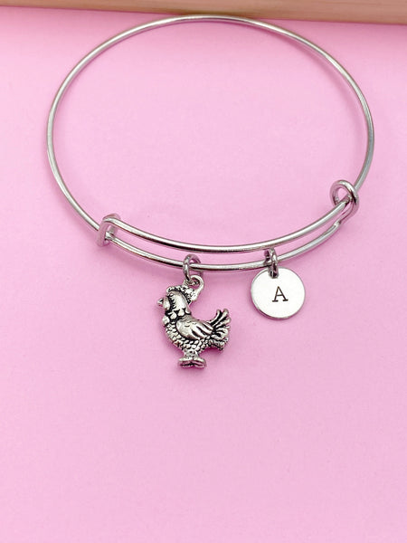 Silver Chicken Rooster Charm Bracelet Farmer Gifts Ideas Personalized Customized Monogram Made to Order Jewelry, AN554