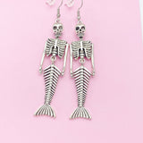 Silver LARGE Mermaid Skull Charm Earrings Halloween Gift Ideas, N2702B