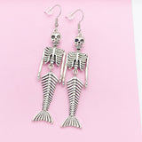 Silver LARGE Mermaid Skull Charm Earrings Halloween Gift Ideas, N2702B