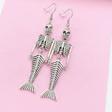 Silver LARGE Mermaid Skull Charm Earrings Halloween Gift Ideas, N2702B