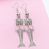 Silver LARGE Mermaid Skull Charm Earrings Halloween Gift Ideas, N2702B