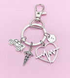 Ambulance Caduceus Heartbeat Charm Keychain, N1981