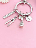 Architect Keychain, Pencil Compass Charm, Ruler Charm, Quill Feather Pen and Ink Bottle Charm, Architect Graduation Gift, N6010