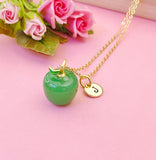 Apple Necklace, Green Apple Handmade Lampwork Charm Gold Necklace, Fruit Apple Charm, N4999