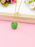 Apple Necklace, Green Apple Handmade Lampwork Charm Gold Necklace, Fruit Apple Charm, N4999