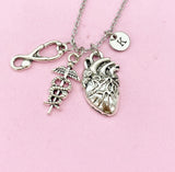 Anatomy Heart Stethoscope Caduceus Charm Silver Necklace, Cardiologist Gift, Medical School Student Gifts, N5283N