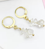 Quartz Crystal Earrings in Gold or Silver, Natural Quartz Rock Crystal Gemstone Jewelry, N6348