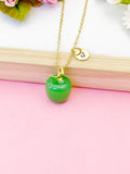 Apple Necklace, Green Apple Handmade Lampwork Charm Gold Necklace, Fruit Apple Charm, N4999