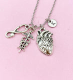 Anatomy Heart Stethoscope Caduceus Charm Silver Necklace, Cardiologist Gift, Medical School Student Gifts, N5283N