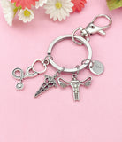 Anatomical Uterus Caduceus Stethoscope Charm Keychain or Necklace in Silver, Gifts for Obstetricians Gynecologist OB-GYN Specialist, N6400