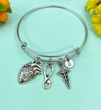 Silver Cardiologist Bracelet Anatomy Heart Caduceus, Medical School Student Gifts, Personalized Customized Gifts, N5283B