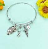 Silver Cardiologist Bracelet Anatomy Heart Caduceus, Medical School Student Gifts, Personalized Customized Gifts, N5283B