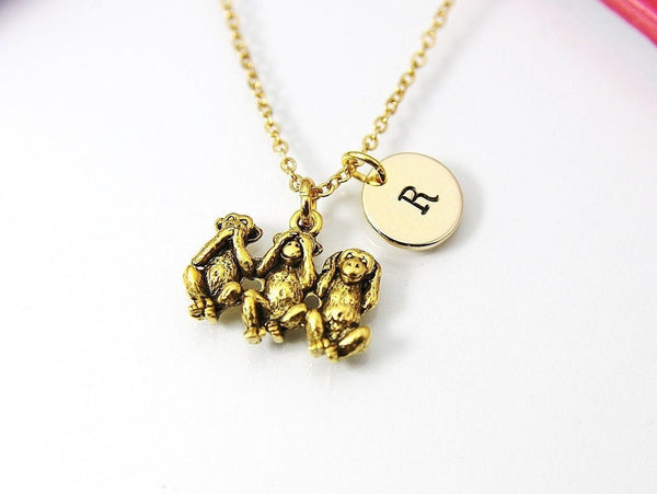 Wise Necklace Gift, Gold Three Wise Monkeys Necklace, No Evil Wise Monkey, Personalized Gift, N3115