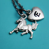Silver Running Horse Charm Necklace, Horse Jewelry, Personalized Custom Monogram, N2645