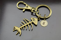Fishbone Charm Keychain Bronze Fish Bone Keyring Personalized Keychain Initial Keychain Initial Charm Customized Jewelry Monogram Jewelry