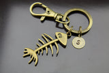 Fishbone Charm Keychain Bronze Fish Bone Keyring Personalized Keychain Initial Keychain Initial Charm Customized Jewelry Monogram Jewelry