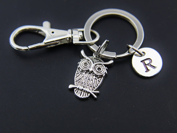 Silver Owl Charm Keychain, Owl Charm, Personalized Customized Jewelry Monogram, N2651