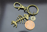 Fishbone Charm Keychain Bronze Fish Bone Keyring Personalized Keychain Initial Keychain Initial Charm Customized Jewelry Monogram Jewelry