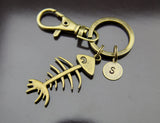 Fishbone Charm Keychain Bronze Fish Bone Keyring Personalized Keychain Initial Keychain Initial Charm Customized Jewelry Monogram Jewelry