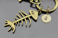 Fishbone Charm Keychain Bronze Fish Bone Keyring Personalized Keychain Initial Keychain Initial Charm Customized Jewelry Monogram Jewelry