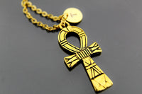 Cross Necklace Gold Ankh Cross Charm Necklace Ankh Egyptian Cross Charm Personalized Necklace Initial Charm Initial Necklace