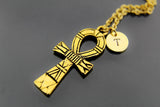 Cross Necklace Gold Ankh Cross Charm Necklace Ankh Egyptian Cross Charm Personalized Necklace Initial Charm Initial Necklace