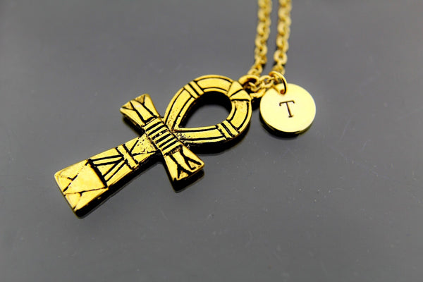 Cross Necklace Gold Ankh Cross Charm Necklace Ankh Egyptian Cross Charm Personalized Necklace Initial Charm Initial Necklace