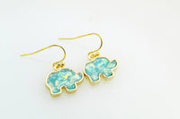 Opal Earrings, Gold Elephant Opal Charm Dangle Earrings, Imitation Opal Elephant Charms, Opal Drop Earrings, N729A