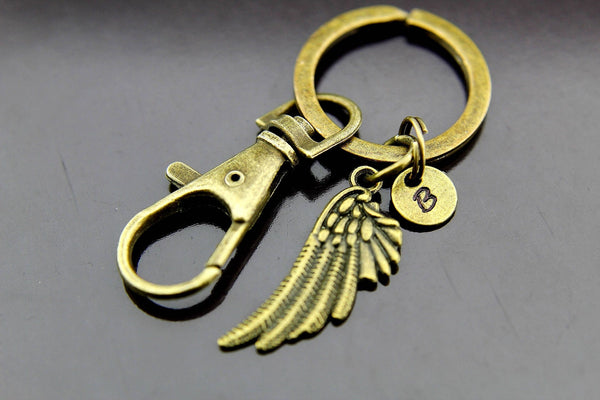 Angel Wing Keychain, Bronze Angel Wing Charm Keychain, Angel Wing Charms, Angel Feather Charms, Personalized Keychain, Initial Charm