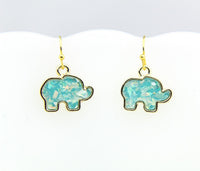Opal Earrings, Gold Elephant Opal Charm Dangle Earrings, Imitation Opal Elephant Charms, Opal Drop Earrings, N729A