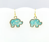Opal Earrings, Gold Elephant Opal Charm Dangle Earrings, Imitation Opal Elephant Charms, Opal Drop Earrings, N729A