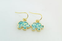 Opal Earrings, Gold Elephant Opal Charm Dangle Earrings, Imitation Opal Elephant Charms, Opal Drop Earrings, N729A