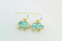 Opal Earrings, Gold Elephant Opal Charm Dangle Earrings, Imitation Opal Elephant Charms, Opal Drop Earrings, N729A
