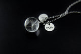Dandelion Seed Terrarium Necklace, Initial Charm, Wish Gift