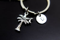Silver Crescent Moon and Palm Tree Charm Keychain Personalized Customized Monogram Made to Order Jewelry, N2119B