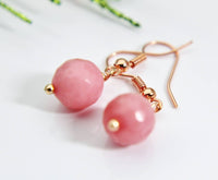 Jade Earrings, Pink Jade Natural Gemstone Jewelry, Rose Gold Earrings