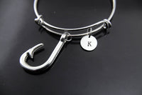 Fish Hook Bracelet Silver Fish Hook Charm Bracelet Fish Hook Charm Bangle Fish Hook Charm Fishing Charm Personalized Bangle Initial Bracelet