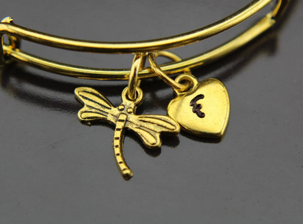 Gold Queen Dragonfly Charm Bangle Dragonfly Charm Dragonfly Pendant Personalized Bangle Initial Charm Initial Bangle Customized Jewelry