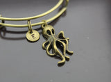 Inspirational Custom Octopus Bangle, Octopus Charm Bracelet, Nautical Pirate Ocean Kraken Bangle, Steampunk Gifts, Personalized Bracelet