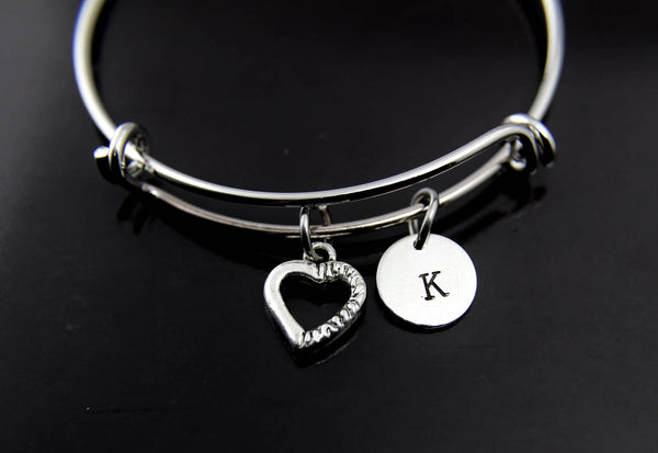 Heart Bracelet Silver Heart Charm Bracelet Heart Charm Bangle Valentine Gift Personalized Bangle Initial Charm Initial Bracelet