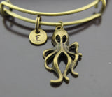 Inspirational Custom Octopus Bangle, Octopus Charm Bracelet, Nautical Pirate Ocean Kraken Bangle, Steampunk Gifts, Personalized Bracelet