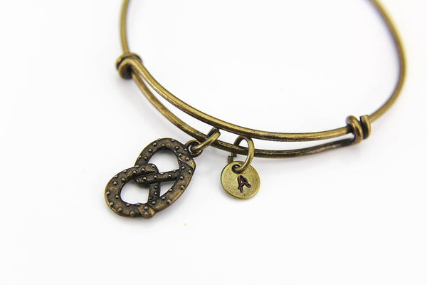 Pretzel Bangle, Pretzel Bracelet, Pretzel Charm, Foodie Gift, Personalized Bracelet, Expandable Bangle, Charm Bangle, Initial Bracelet