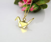 Gold Bird Necklace, Paper Crane Necklace, Japanese Crane, Bird Animal Charm, Personalized Gift,