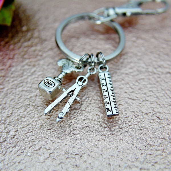 Architect Keychain , Pencil Compass Charm, Ruler Charm, Quill Feather Pen and Ink Bottle Charm, Architect Graduation Gift, Teacher Gift